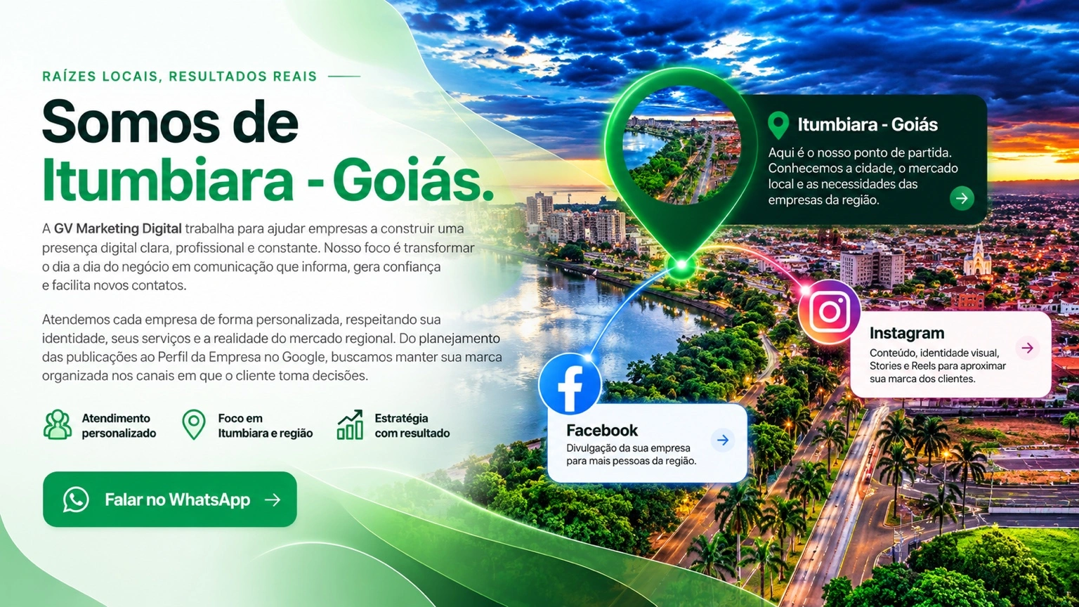 Somos de Itumbiara — Goiás. Composição enviada com o Rio Paranaíba, a área urbana e conexões com Instagram e Facebook.
